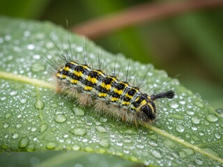 Close up of a caterpillar on a dewy leaf