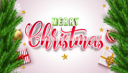 Merry Christmas and Happy New Year Greeting Card Banner with Fir Branch and 3d Typography Lettering on White Background. Vector Xmas Holiday Season Design with Decoration Elements for Party Flyer
