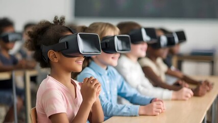 students wearing virtual reality headsets in classroom. - Powered by Adobe