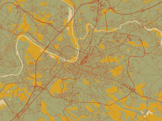 Vector-style flat map of Angouleme, France with muted sage base, rust-colored roads, and soft ochre highlights.