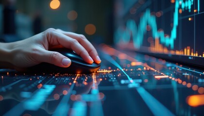 Tech Support Concept. A close-up view of a hand using a computer mouse, with a glowing digital interface displaying data and analytics.