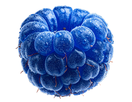 Close-Up of Fresh Blue Raspberry with Water Droplets, isolated on a transparent background.