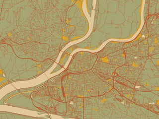 Stylized minimalist map of Avignon, France in earthy sage background with rust roadways and ochre details.