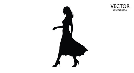 Silhouette of a woman in a flowing dress walking gracefully with high heels.