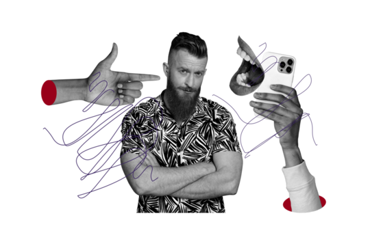 Artwork composite collage of purple backdrop caricature workspace young man confused work smartphone pressure finger point scream mouth - Powered by Adobe