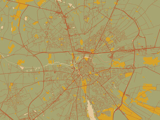 Stylized minimalist map of Bourges, France in sage/olive tone field with rust networks and ochre shapes, cream water.