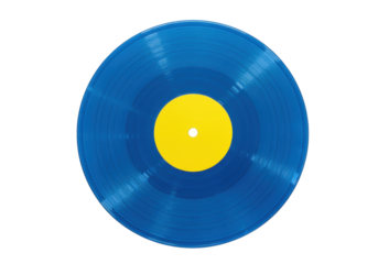 Isolated vintage blue vinyl record with yellow label for old music and audio listening
