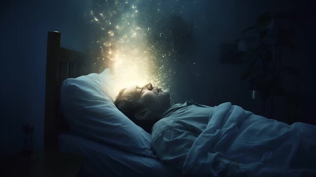 man lying in bed with a radiant light source illuminating his face and body, creating a surreal atmosphere.