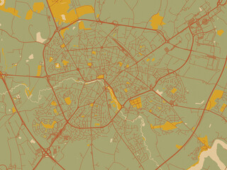 Flat painterly map of Cholet, France in olive backdrop with warm rust street network and ochre blocks.