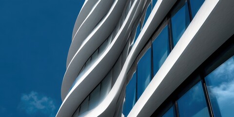 Wavy white architectural facade with dark glass windows against a deep blue sky.