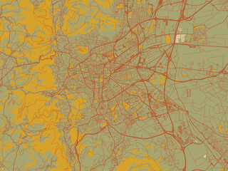 Graphic flat color map of Clermont-Ferrand, France in earthy sage background with rust roadways and ochre details.