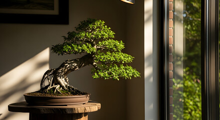 Artistic Bonsai Tree Displayed Near Window with Natural Light.
