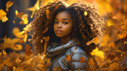 Young girl stands among swirling autumn leaves in a vibrant wooded area during the golden hour