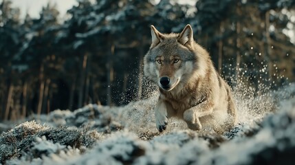 雪景色の中、森を駆けるオオカミ。 | A gray wolf dashing through a snowy forest, kicking up snow.