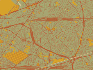 Flat painterly map of Drancy, France in muted sage base, rust-colored roads, and soft ochre highlights.