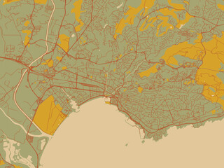Fototapeta premium Vector-style flat map of Frejus, France with muted sage base, rust-colored roads, and soft ochre highlights.