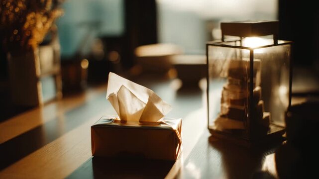 A close-up of a tissue box on a wooden table. A glass lantern and decorative items are visible in the background. Soft lighting creates a warm atmosphere.