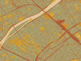 Contemporary flat map of Levallois-Perret, France design with olive backdrop with warm rust street network and ochre blocks.