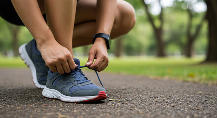 Fototapeta premium Closeup of a woman tying her shoelaces while squatting in a park