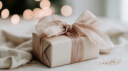 Close-up of a gift on a table with light-colored wrapping and a pink bow. Soft and cozy festive atmosphere, perfect for holiday or celebration concepts.