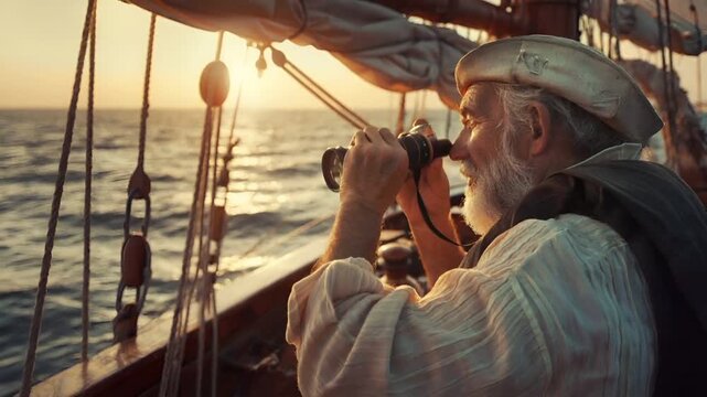 A man in historical attire aboard a ship during sunset, using binoculars to observe the sea. The ships deck is adorned with ropes and pulleys, and the sun casts a warm.