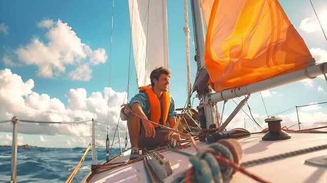A man on a sailboat in the open sea under a partly cloudy sky. The boats deck is equipped with ropes, pulleys, and other sailing paraphernalia.