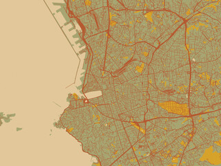 Fototapeta premium Flat painterly map of Marseille, France in sage/olive tone field with rust networks and ochre shapes, cream water.