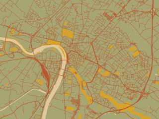 Obraz premium Poster-ready flat map of Montauban, France, sage green ground with rust-red roads and ochre accents.