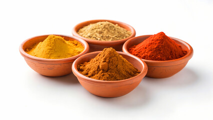Aromatic spices in rustic terracotta bowls isolated on white background, a colorful display of culinary ingredients for flavorful dishes and recipes