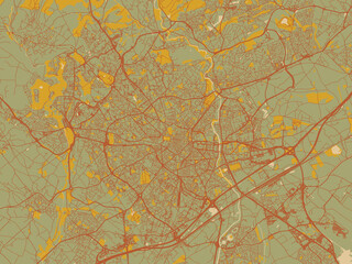 Vector-style flat map of Montpellier, France with muted sage base, rust-colored roads, and soft ochre highlights.
