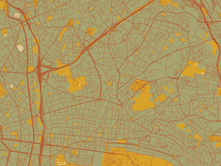 Decorative flat city map of Montreuil, France using sage green ground with rust-red roads and ochre accents.