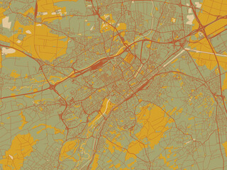 Minimalist flat city map of Mulhouse, France with earthy sage background with rust roadways and ochre details.