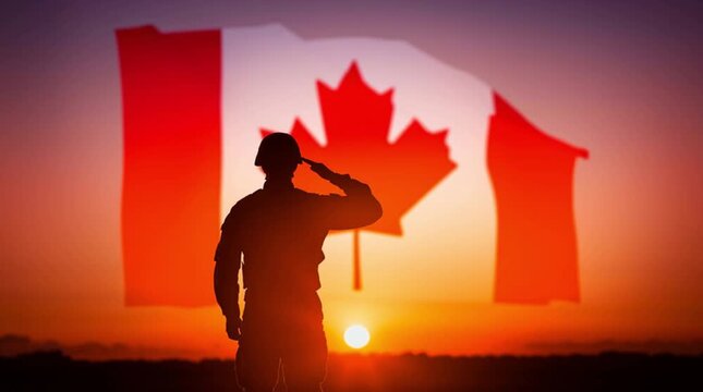 The military salute of a Canadian Army Soldier stands against the background of the Canadian flag.