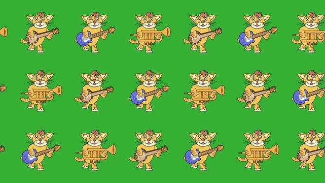 Seamless pattern of cartoon cat musicians playing guitar and horn icon in a green screen background animation. Repeating wallpaper with a musical instrument and an animal entertainment symbol.