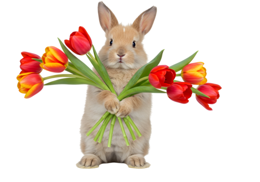 Adorable fluffy bunny rabbit holding a bouquet of vibrant red and yellow tulips, celebrating spring