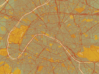Stylized minimalist map of Paris, France in olive backdrop with warm rust street network and ochre blocks.