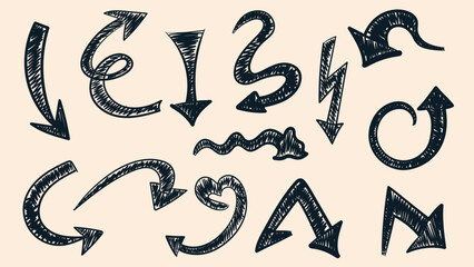 Set of black pen hand drawn arrows. Doodle inl arrows. Isolated vector illustration.