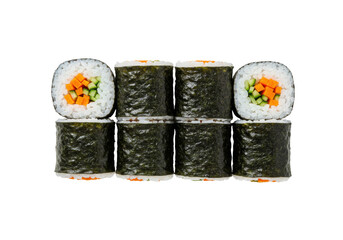 Isolated vegetarian sushi maki rolls, stacked, with carrot and cucumber filling, nori seaweed © Emma