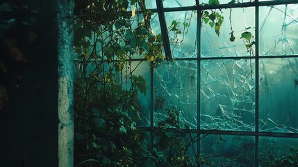 Overgrown vines cover a broken window with shattered glass in an abandoned greenhouse setting outdoors