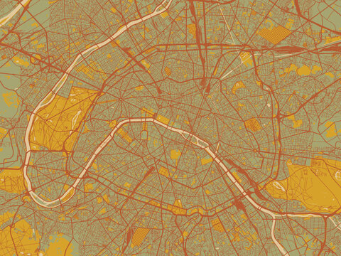Stylized minimalist map of Paris, France in olive backdrop with warm rust street network and ochre blocks.