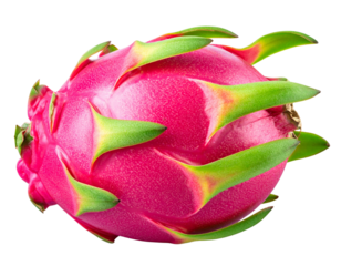 Whole Dragon Fruit with Pink Skin and Green Scales, isolated on a transparent background.