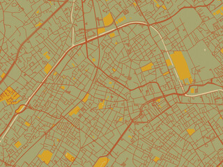 Decorative flat city map of Roubaix, France using olive backdrop with warm rust street network and ochre blocks.