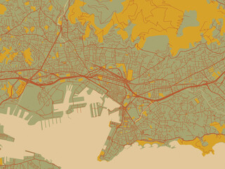 Fototapeta premium Abstract flat-design map of Toulon, France, featuring sage green ground with rust-red roads and ochre accents.