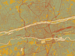 Minimalist flat city map of Tours, France with sage/olive tone field with rust networks and ochre shapes, cream water.