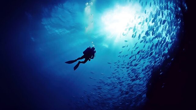 Aerial view of a diver swimming amidst a school of fish in a deep blue ocean, with sunlight filtering through the waters surface.