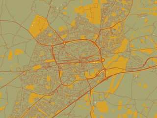 Vector-style flat map of Basingstoke, United Kingdom with sage/olive tone field with rust networks and ochre shapes, cream water.
