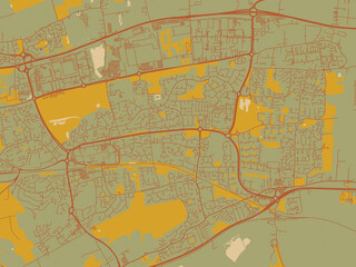 Decorative flat city map of Basildon, United Kingdom using olive backdrop with warm rust street network and ochre blocks.