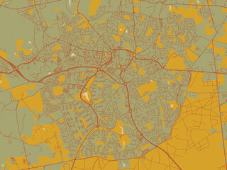 Abstract flat-design map of Bracknell, United Kingdom, featuring olive backdrop with warm rust street network and ochre blocks.