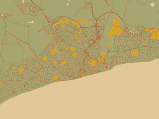 Vector-style flat map of Bognor Regis, United Kingdom with olive backdrop with warm rust street network and ochre blocks.