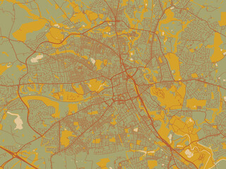 Fototapeta premium Vector-style flat map of Bolton, United Kingdom with earthy sage background with rust roadways and ochre details.